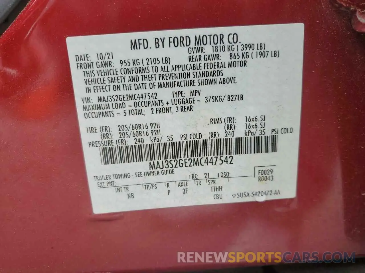 14 fotografías del automóvil dañado MAJ3S2GE2MC447542 FORD ECOSPORT 2021