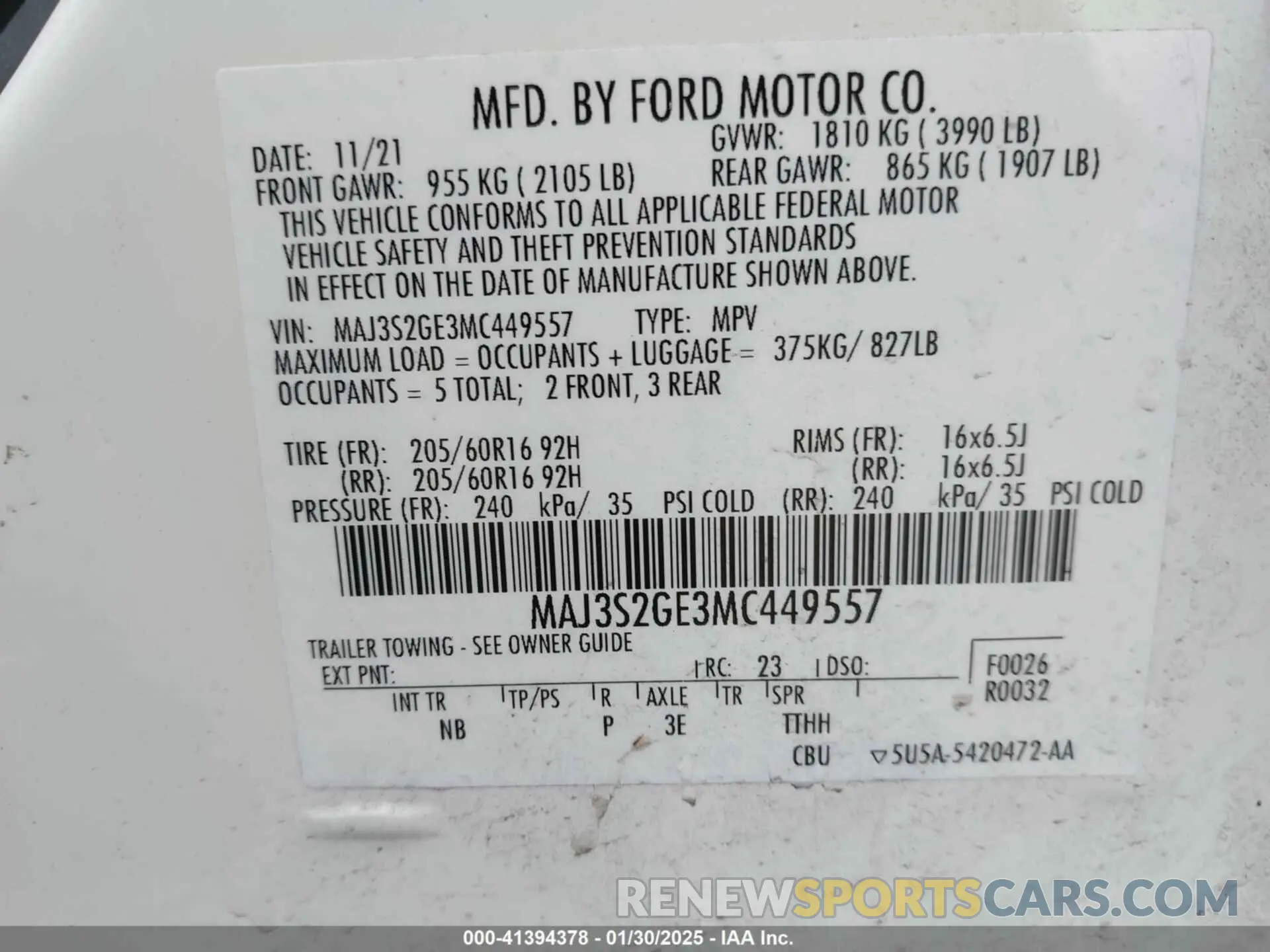 9 fotografías del automóvil dañado MAJ3S2GE3MC449557 FORD ECOSPORT 2021