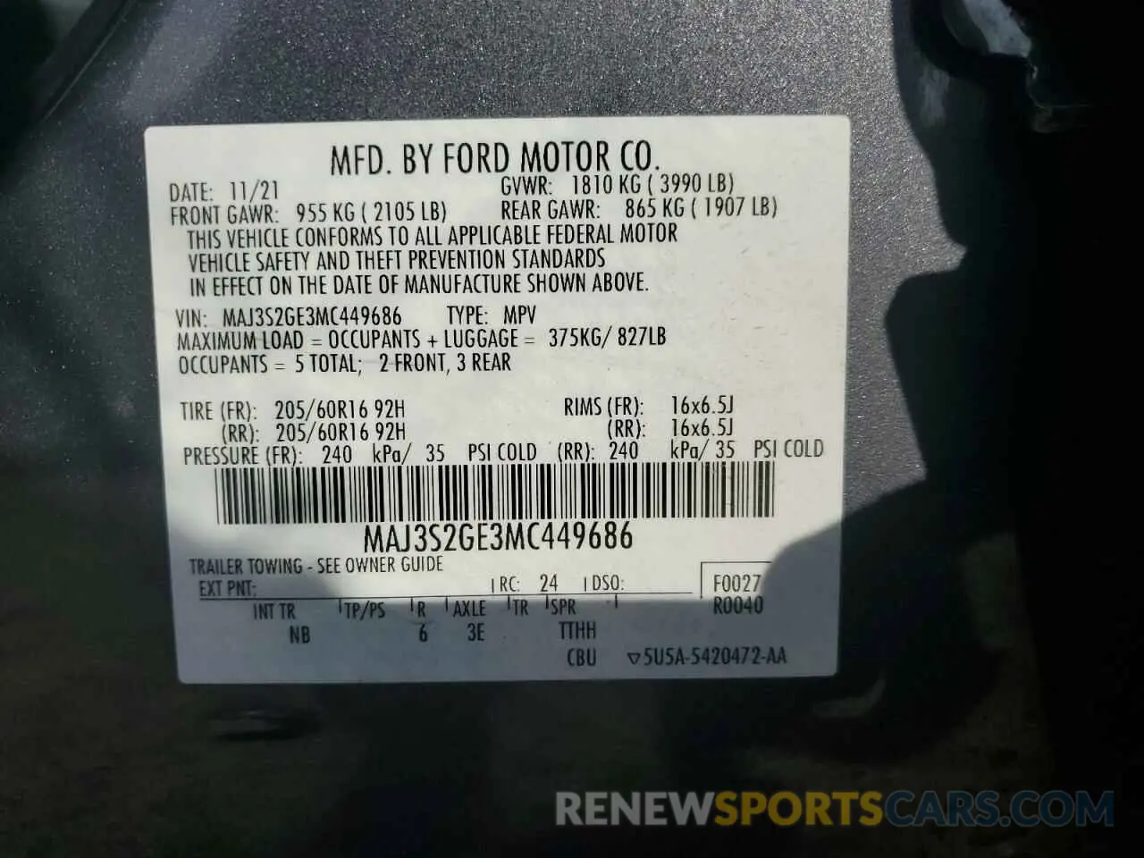 16 fotografías del automóvil dañado MAJ3S2GE3MC449686 FORD ECOSPORT 2021