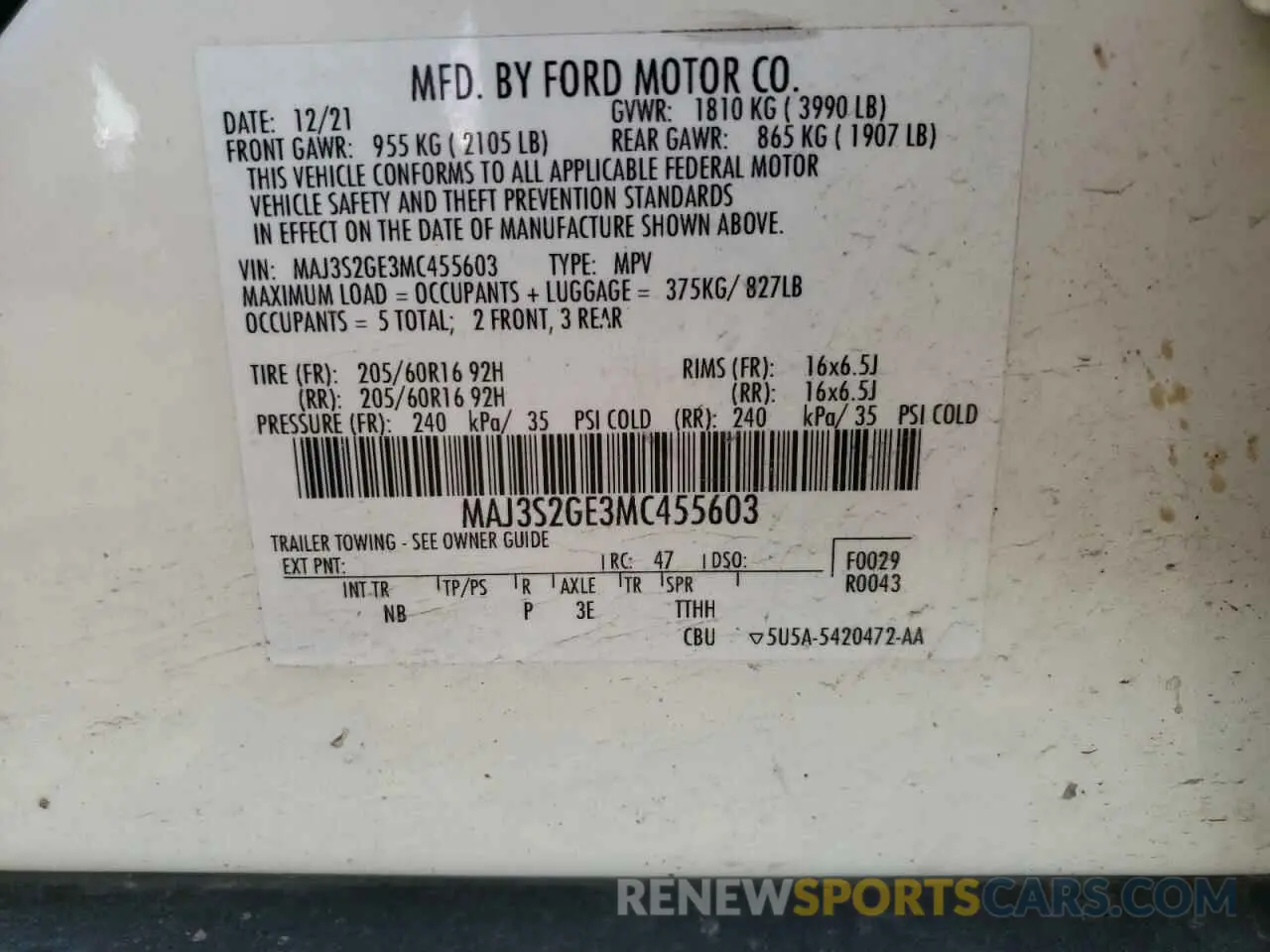 12 fotografías del automóvil dañado MAJ3S2GE3MC455603 FORD ECOSPORT 2021