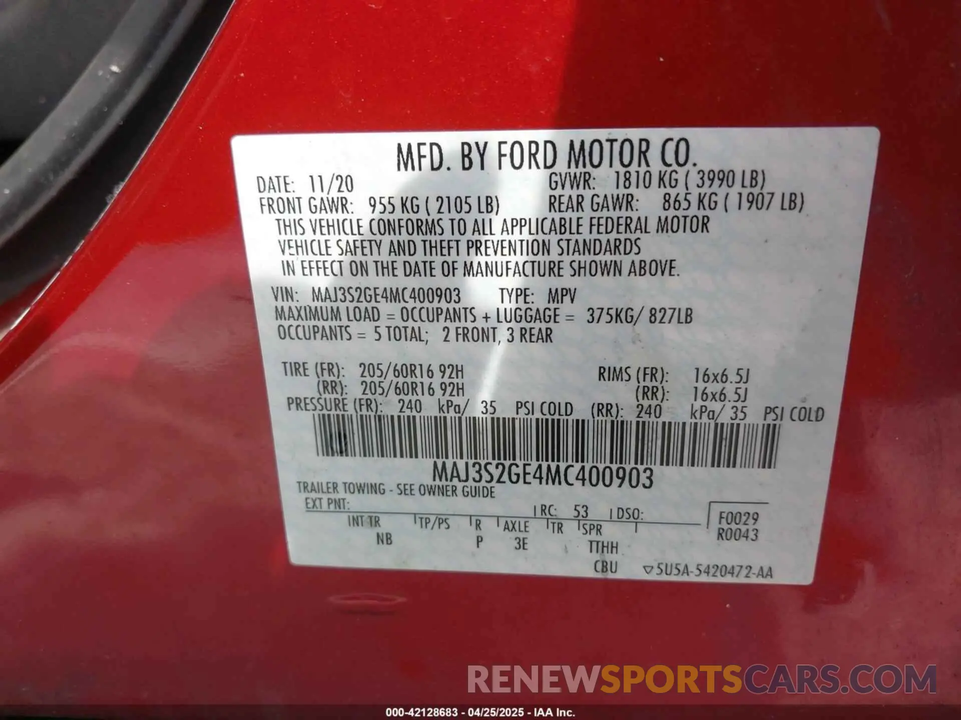 9 fotografías del automóvil dañado MAJ3S2GE4MC400903 FORD ECOSPORT 2021