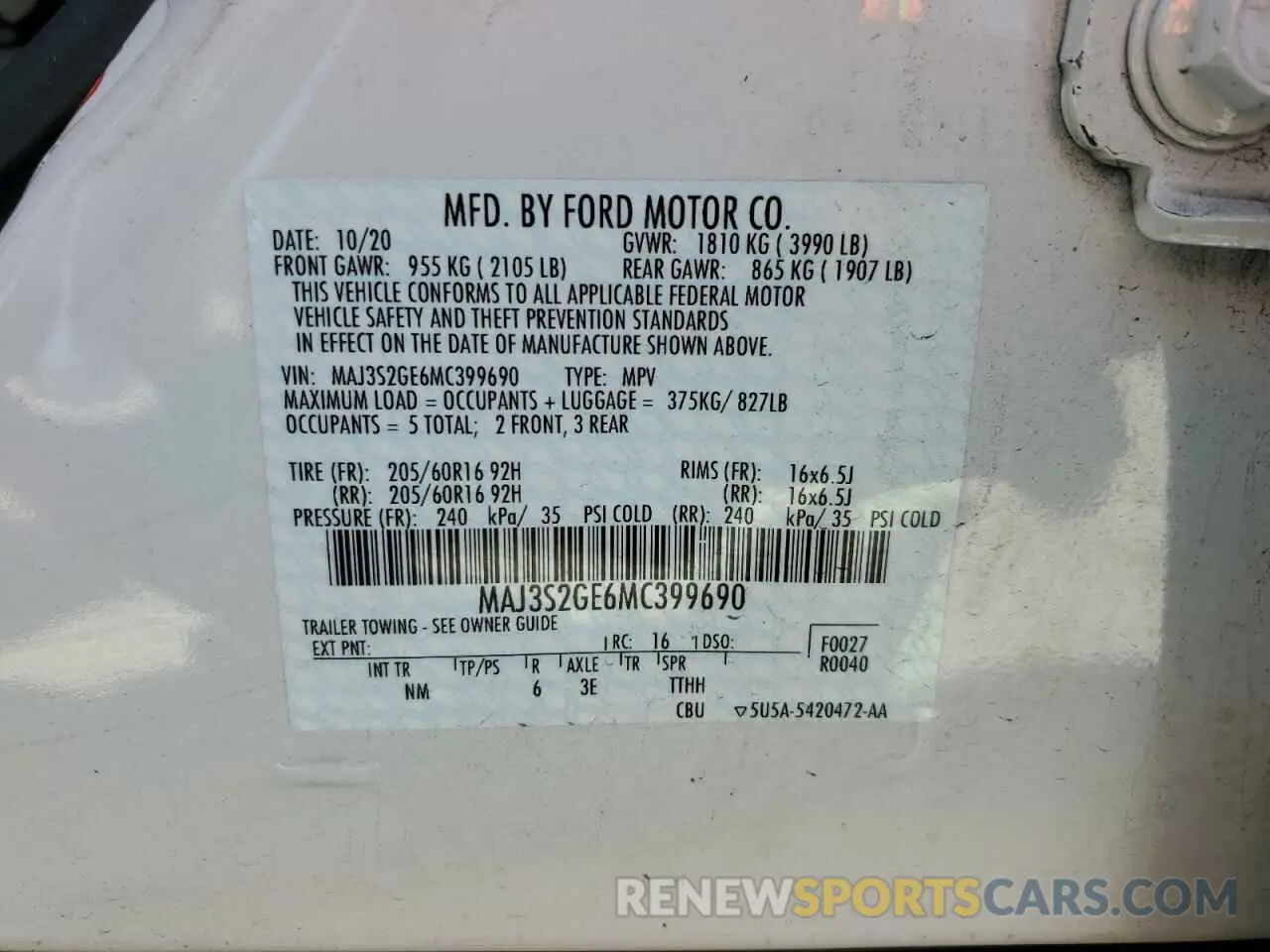 15 fotografías del automóvil dañado MAJ3S2GE6MC399690 FORD ECOSPORT 2021