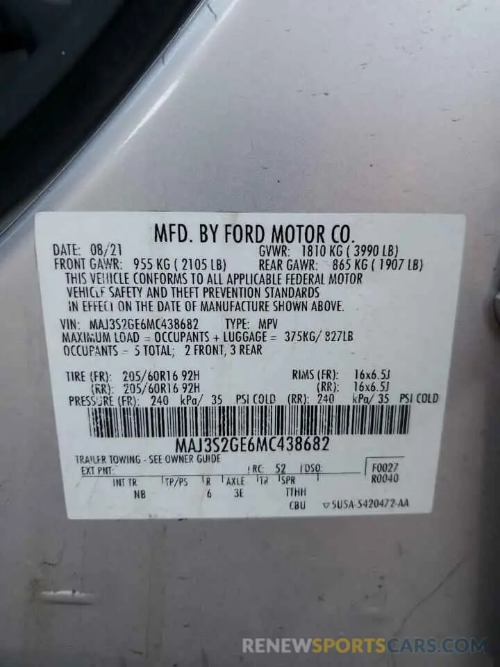 13 fotografías del automóvil dañado MAJ3S2GE6MC438682 FORD ECOSPORT 2021