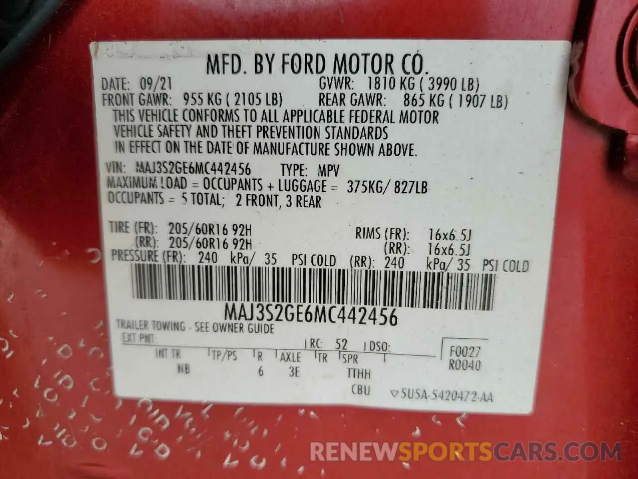 13 fotografías del automóvil dañado MAJ3S2GE6MC442456 FORD ECOSPORT 2021
