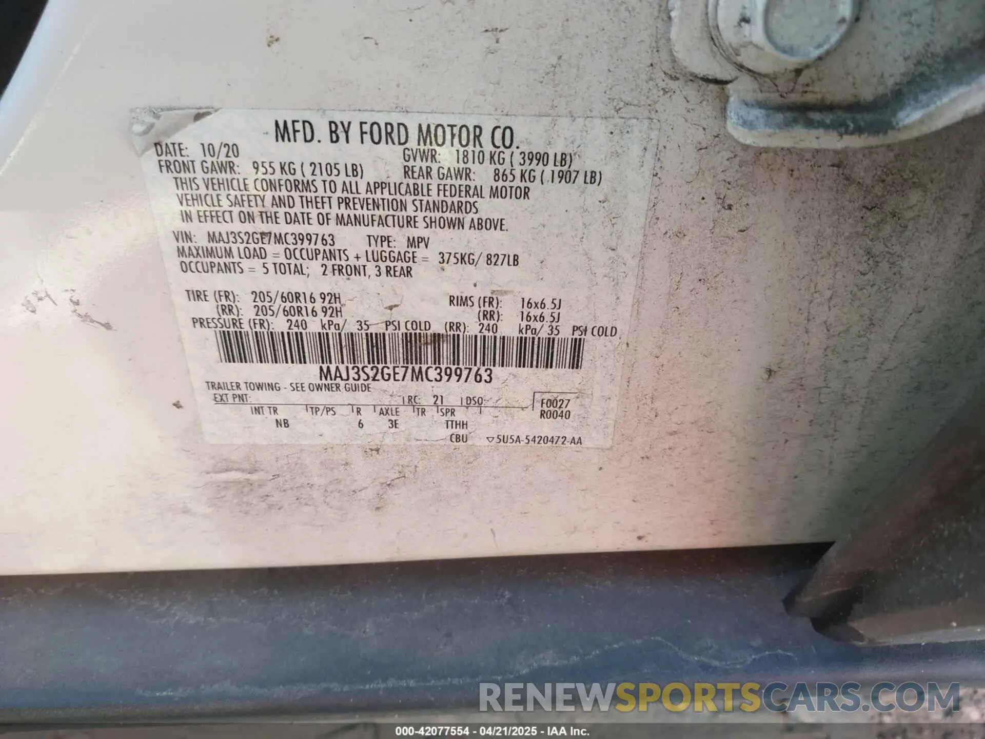 9 fotografías del automóvil dañado MAJ3S2GE7MC399763 FORD ECOSPORT 2021