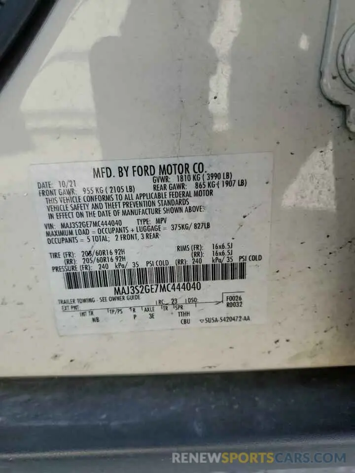 12 fotografías del automóvil dañado MAJ3S2GE7MC444040 FORD ECOSPORT 2021