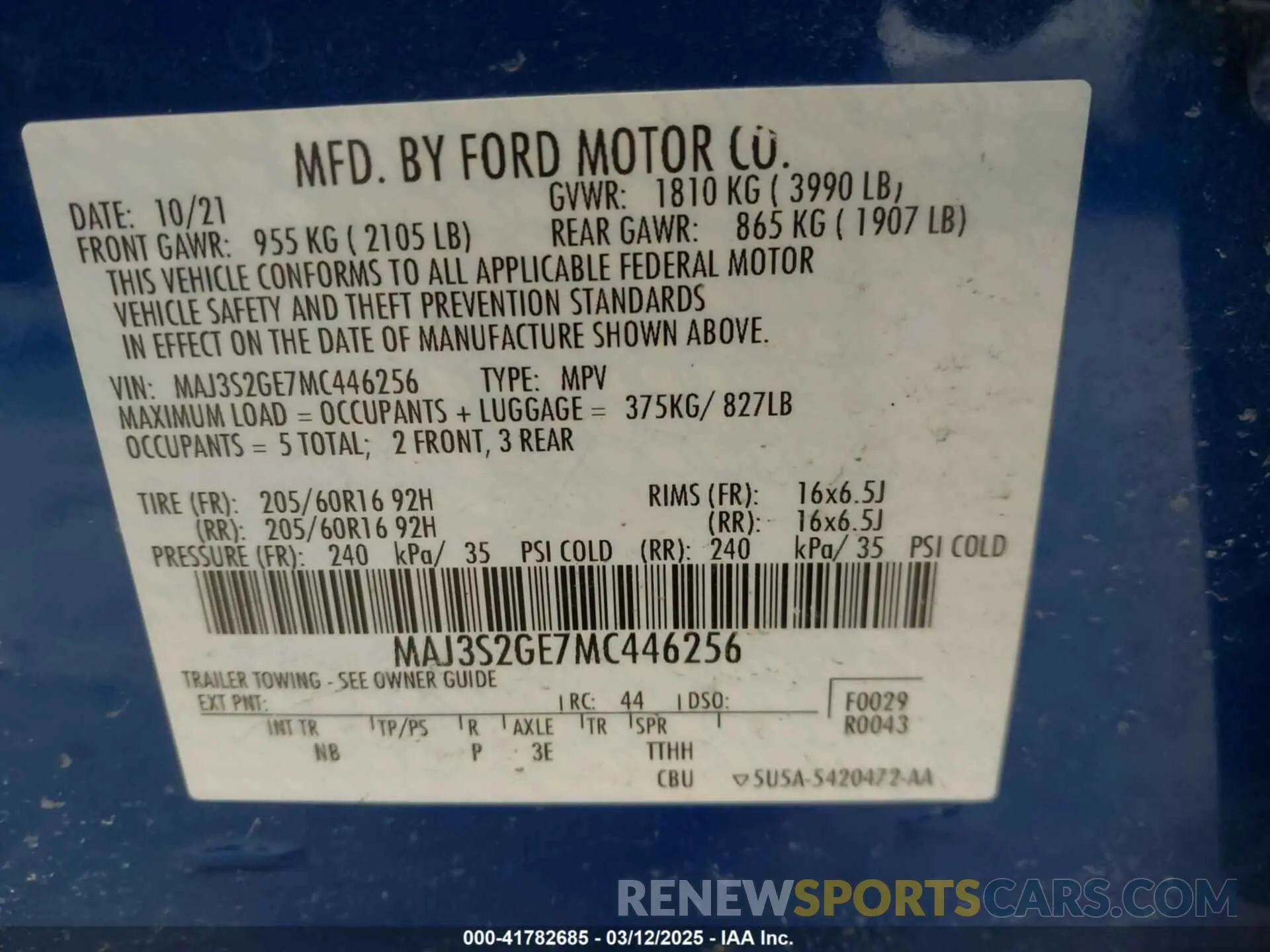 9 fotografías del automóvil dañado MAJ3S2GE7MC446256 FORD ECOSPORT 2021