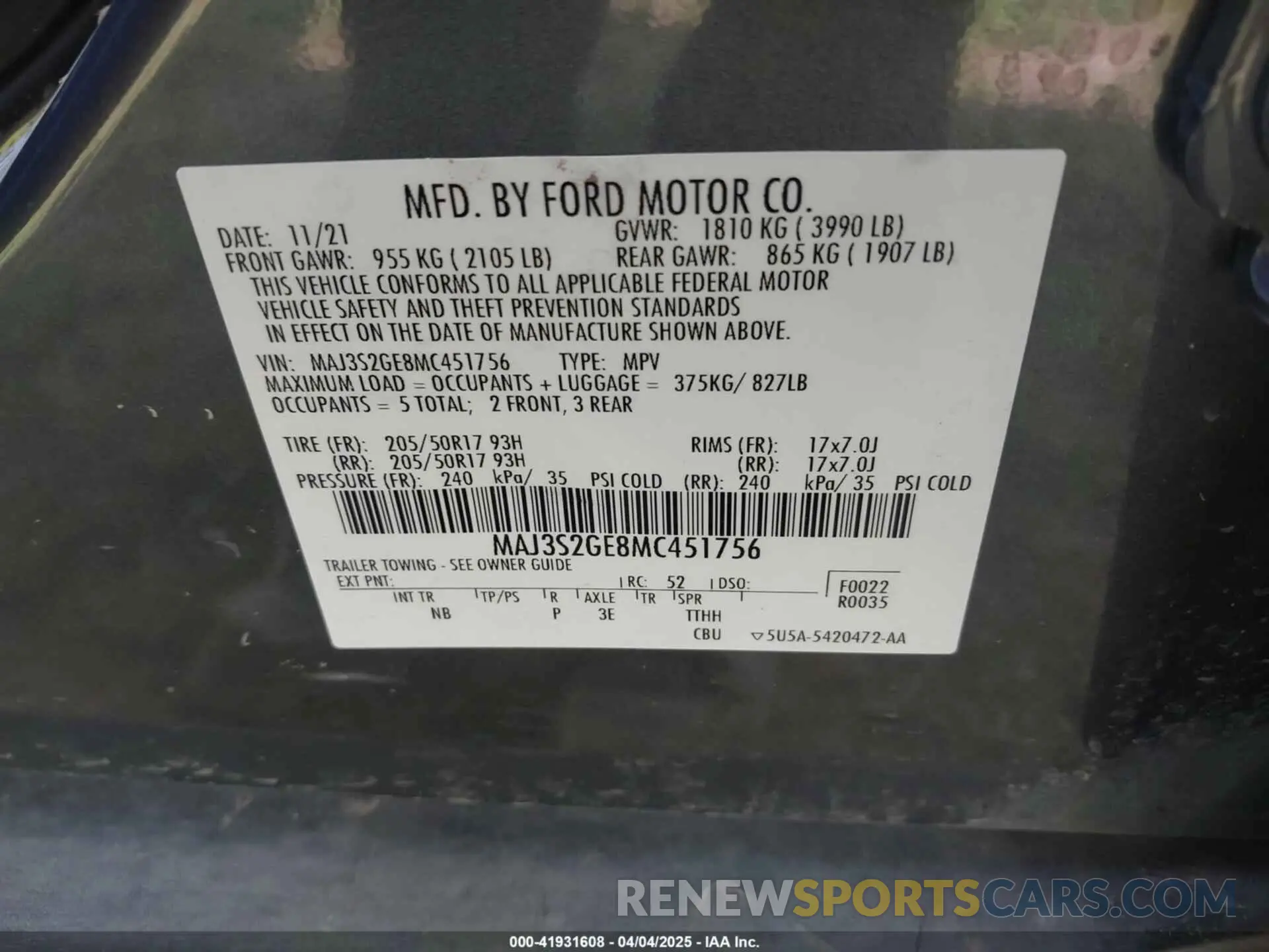 9 fotografías del automóvil dañado MAJ3S2GE8MC451756 FORD ECOSPORT 2021