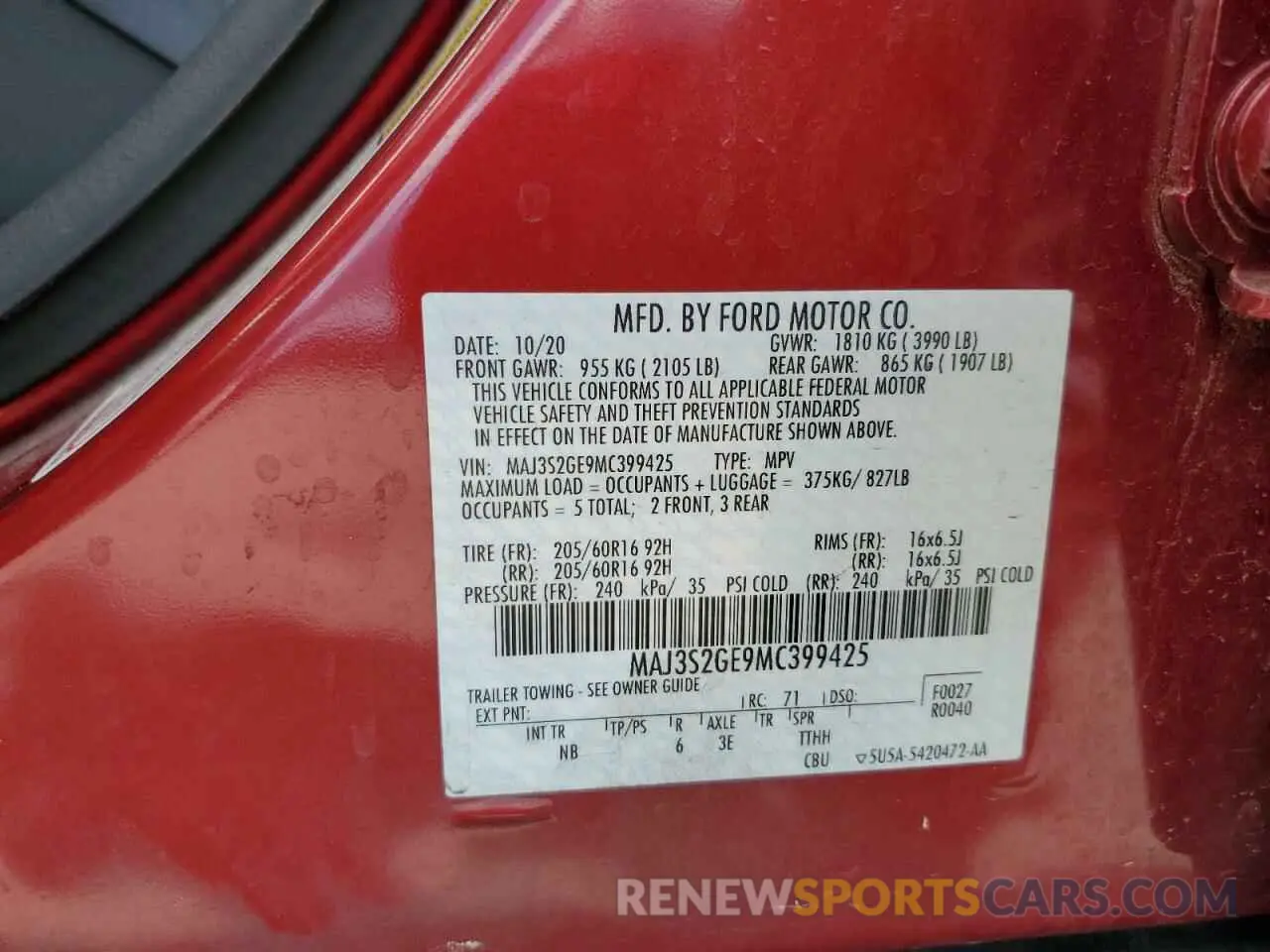 13 fotografías del automóvil dañado MAJ3S2GE9MC399425 FORD ECOSPORT 2021