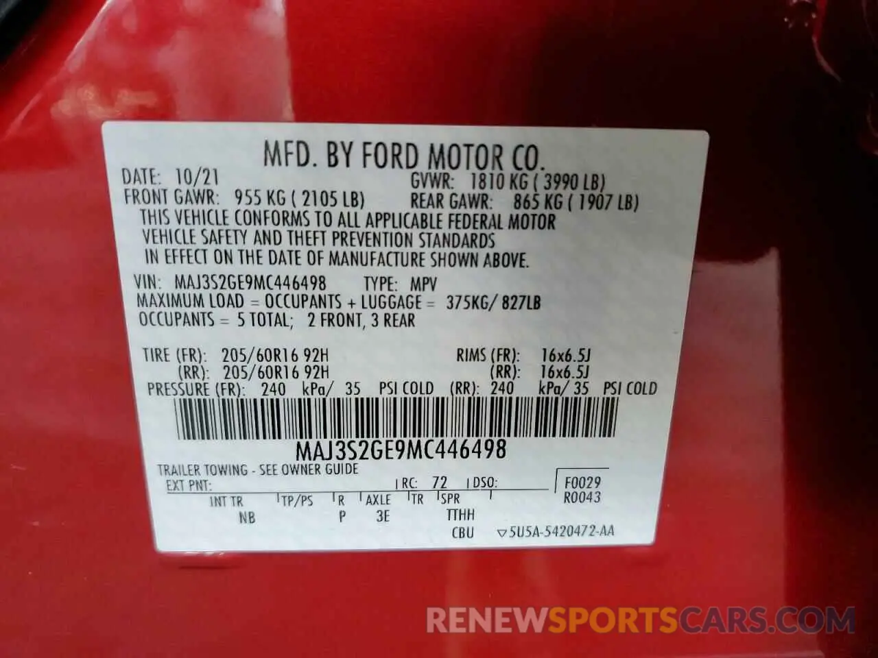 12 fotografías del automóvil dañado MAJ3S2GE9MC446498 FORD ECOSPORT 2021