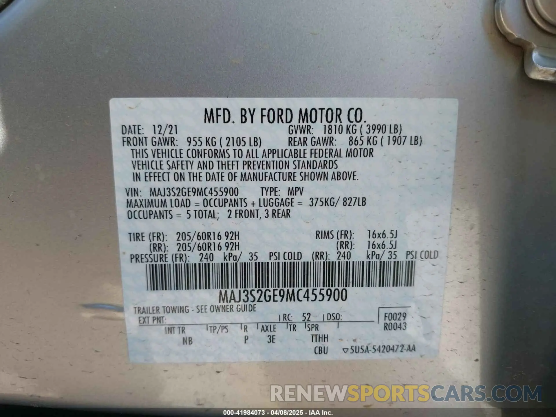 9 fotografías del automóvil dañado MAJ3S2GE9MC455900 FORD ECOSPORT 2021