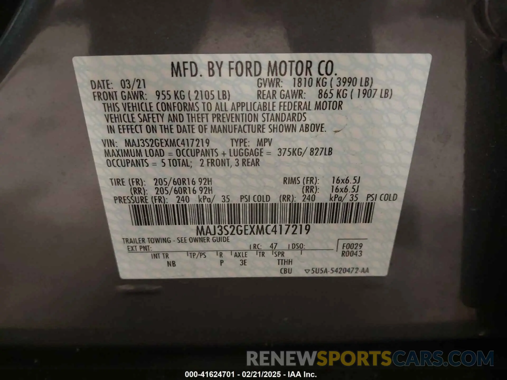 9 fotografías del automóvil dañado MAJ3S2GEXMC417219 FORD ECOSPORT 2021