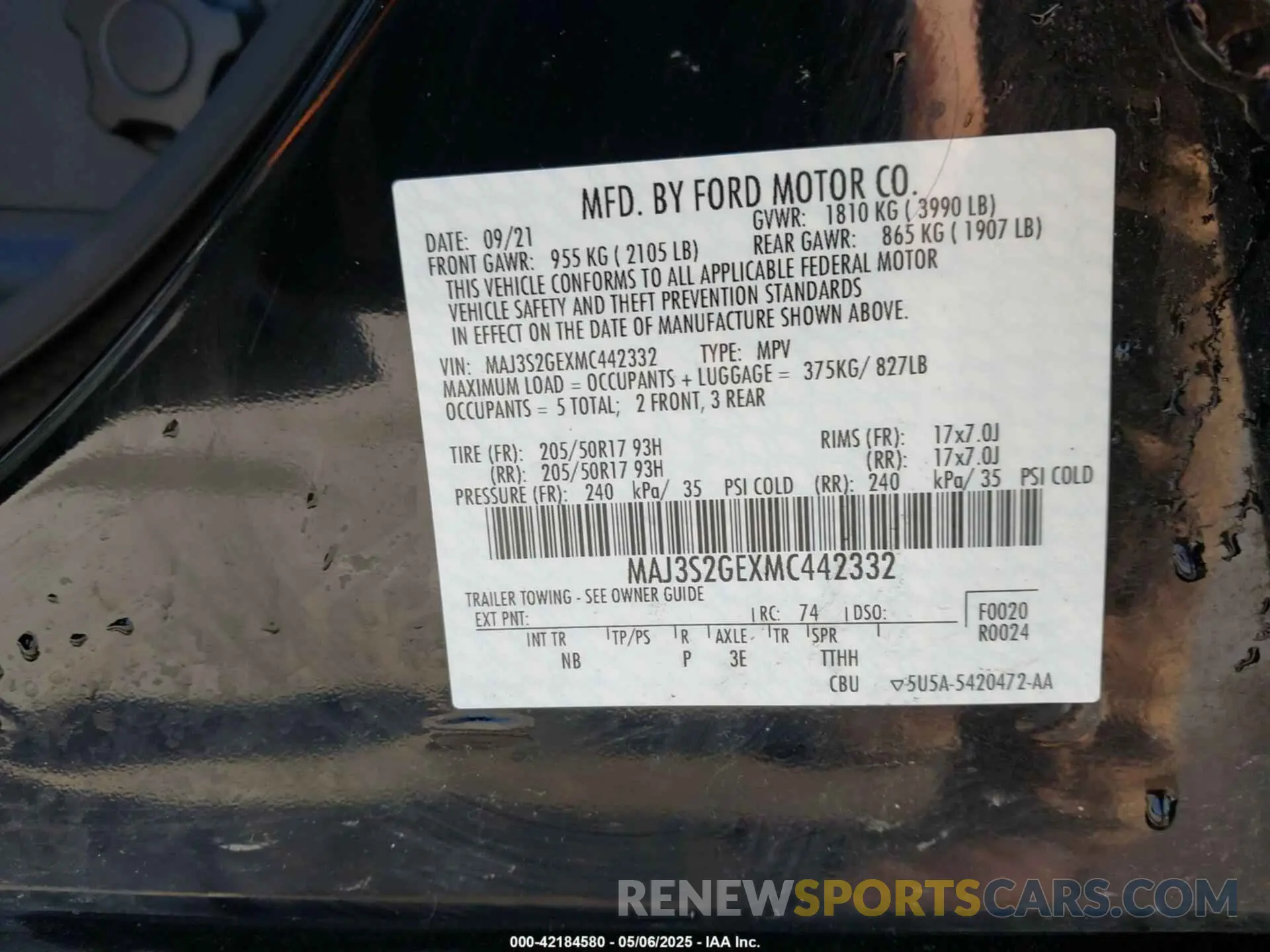 9 fotografías del automóvil dañado MAJ3S2GEXMC442332 FORD ECOSPORT 2021
