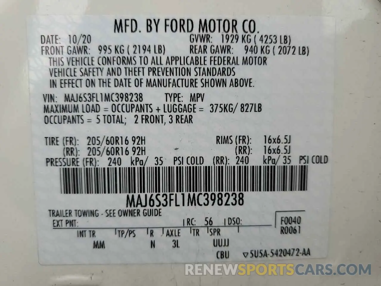 14 fotografías del automóvil dañado MAJ6S3FL1MC398238 FORD ECOSPORT 2021