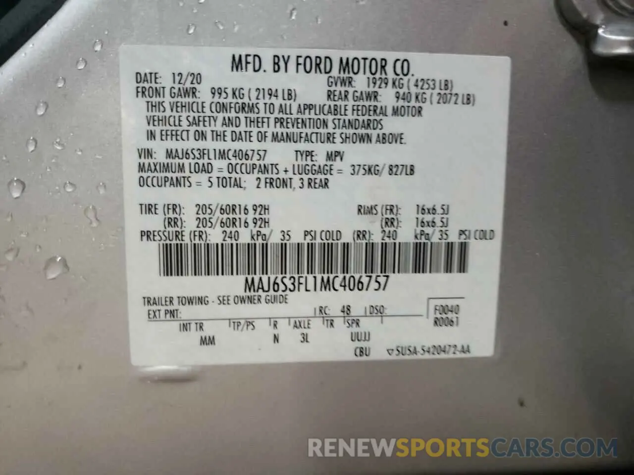 13 fotografías del automóvil dañado MAJ6S3FL1MC406757 FORD ECOSPORT 2021