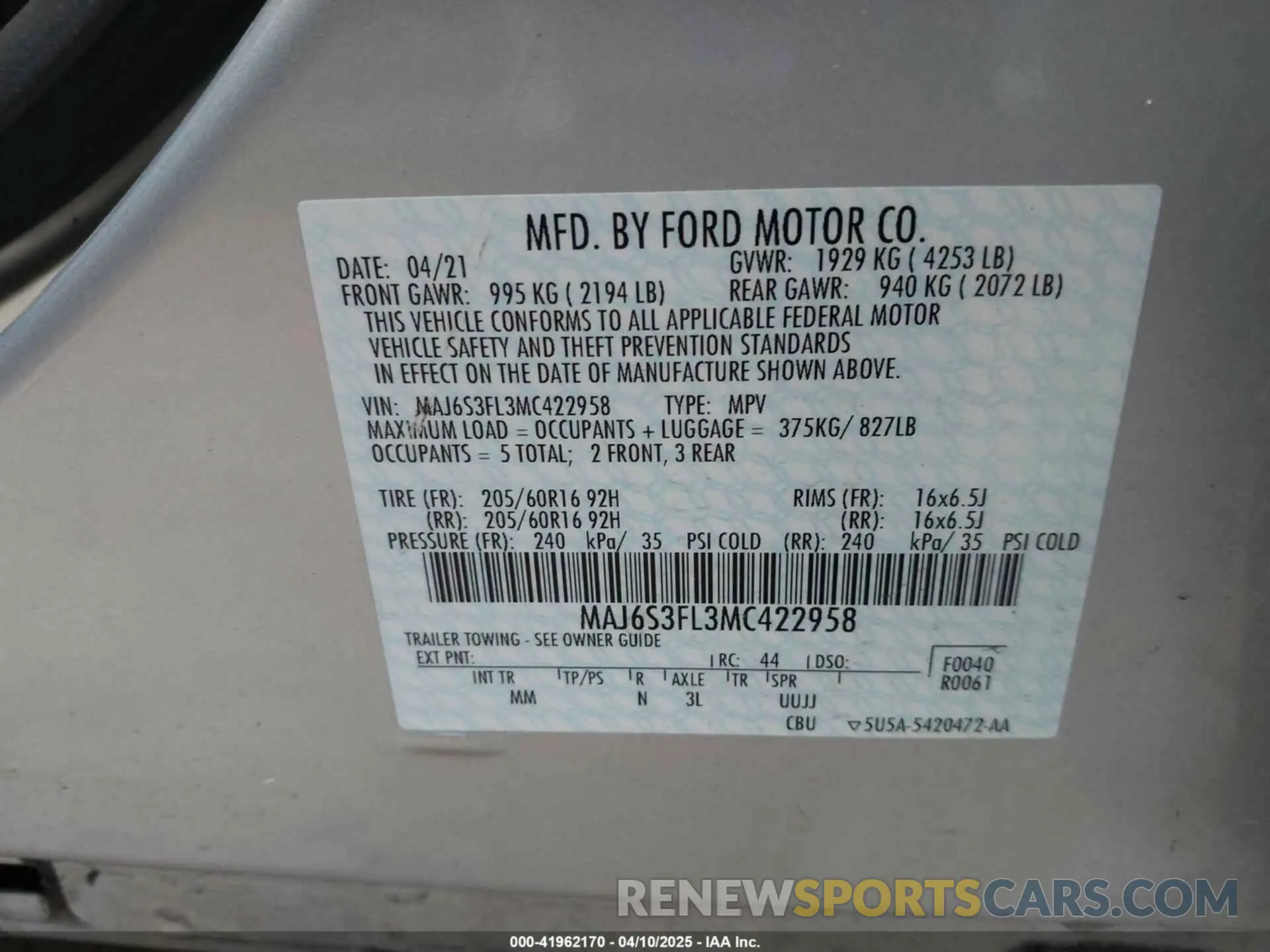 9 fotografías del automóvil dañado MAJ6S3FL3MC422958 FORD ECOSPORT 2021