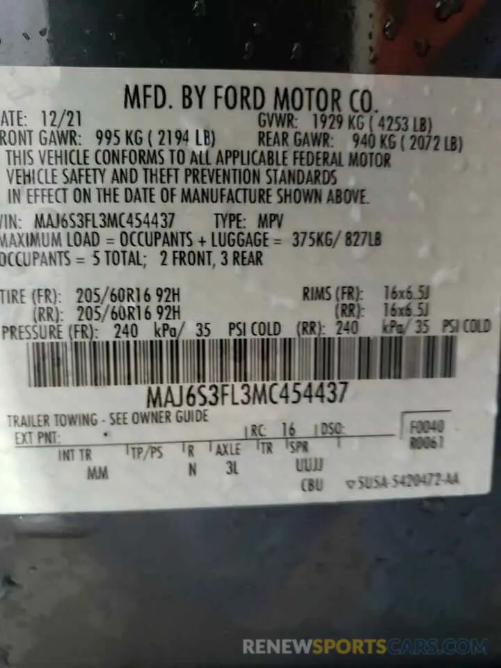 14 fotografías del automóvil dañado MAJ6S3FL3MC454437 FORD ECOSPORT 2021