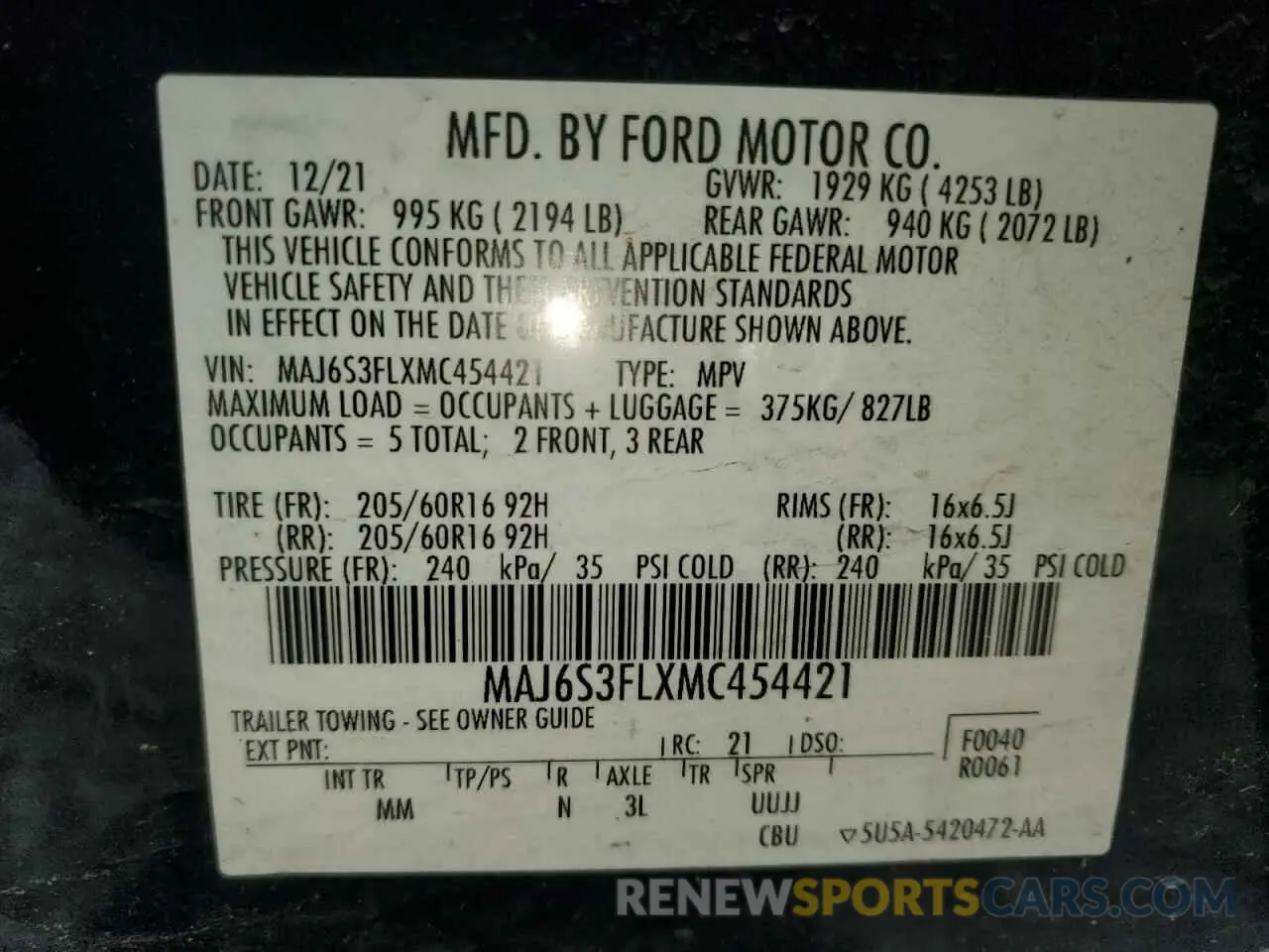 16 fotografías del automóvil dañado MAJ6S3FLXMC454421 FORD ECOSPORT 2021