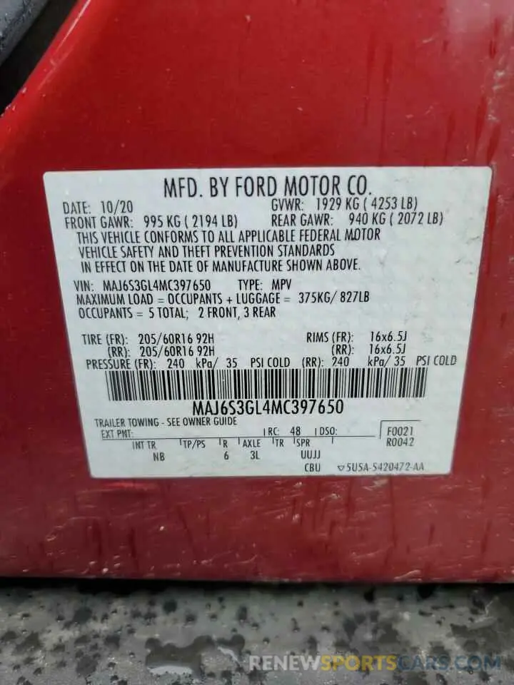 14 fotografías del automóvil dañado MAJ6S3GL4MC397650 FORD ECOSPORT 2021