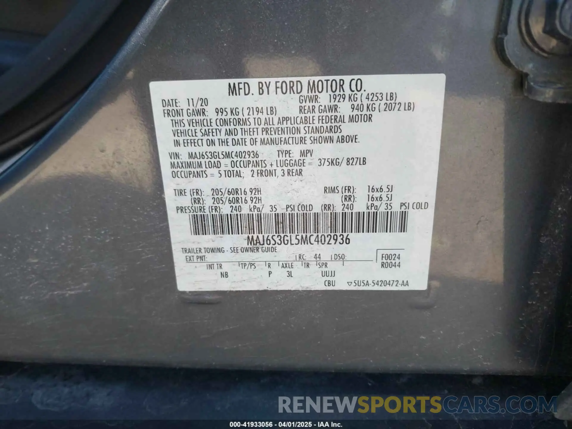 9 fotografías del automóvil dañado MAJ6S3GL5MC402936 FORD ECOSPORT 2021