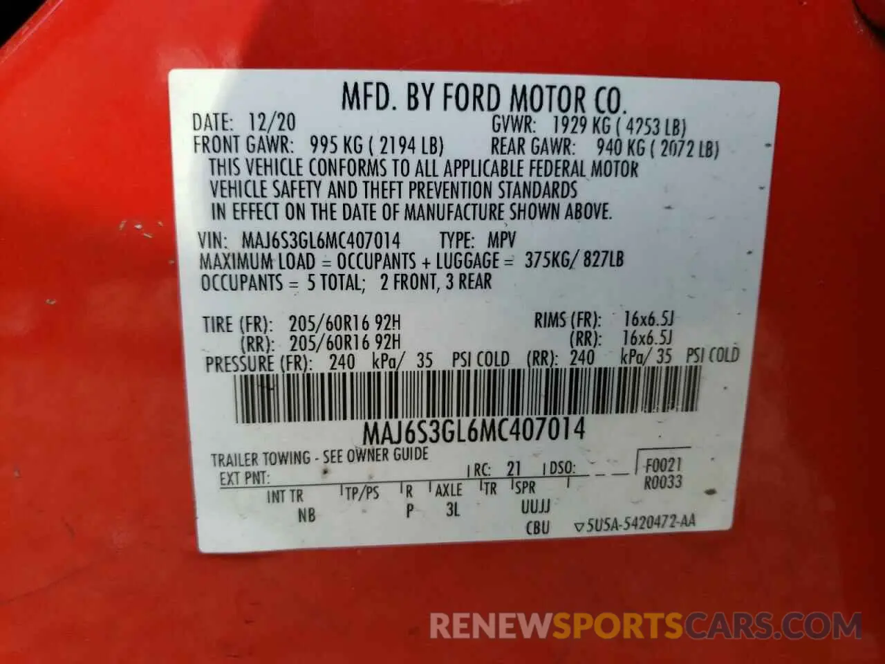 12 fotografías del automóvil dañado MAJ6S3GL6MC407014 FORD ECOSPORT 2021