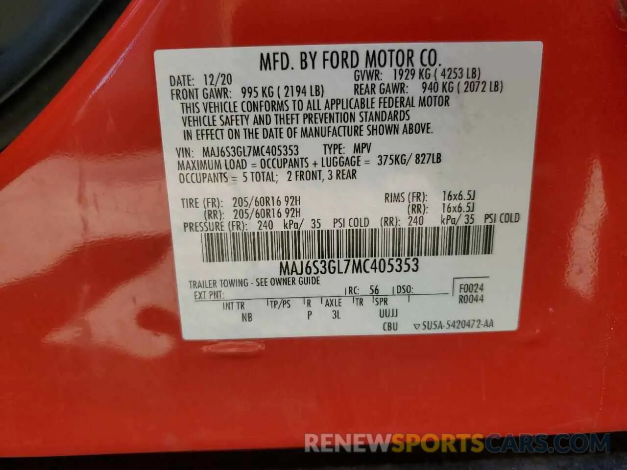 12 fotografías del automóvil dañado MAJ6S3GL7MC405353 FORD ECOSPORT 2021