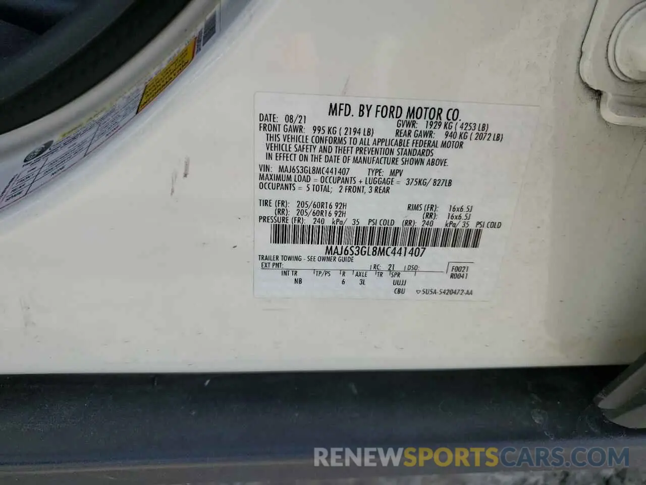 15 fotografías del automóvil dañado MAJ6S3GL8MC441407 FORD ECOSPORT 2021
