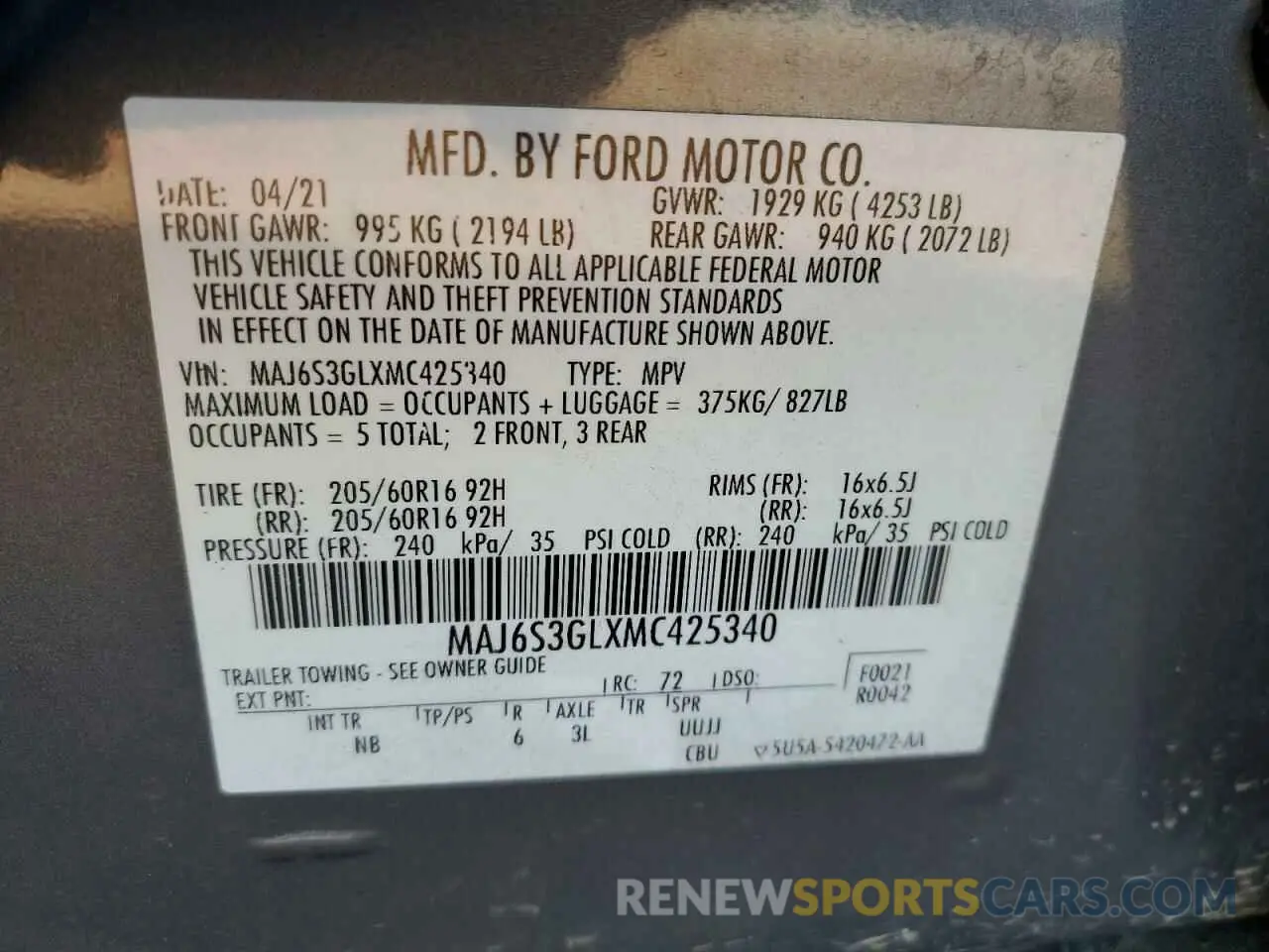 14 fotografías del automóvil dañado MAJ6S3GLXMC425340 FORD ECOSPORT 2021