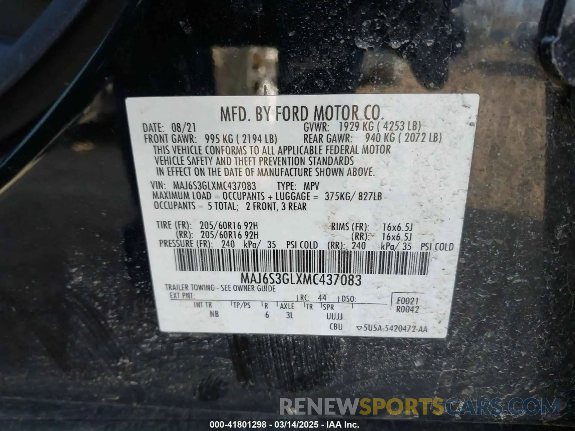 9 fotografías del automóvil dañado MAJ6S3GLXMC437083 FORD ECOSPORT 2021