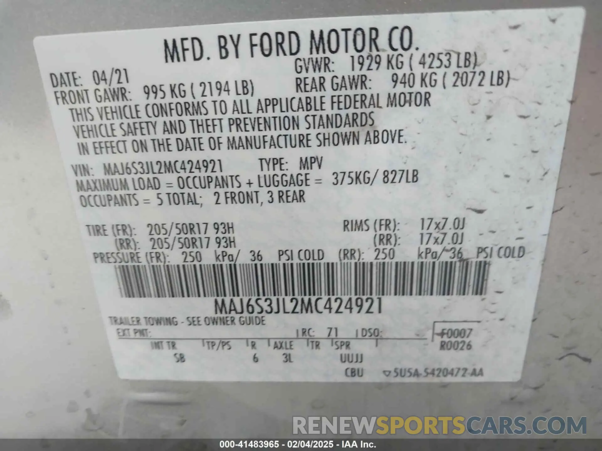 9 fotografías del automóvil dañado MAJ6S3JL2MC424921 FORD ECOSPORT 2021
