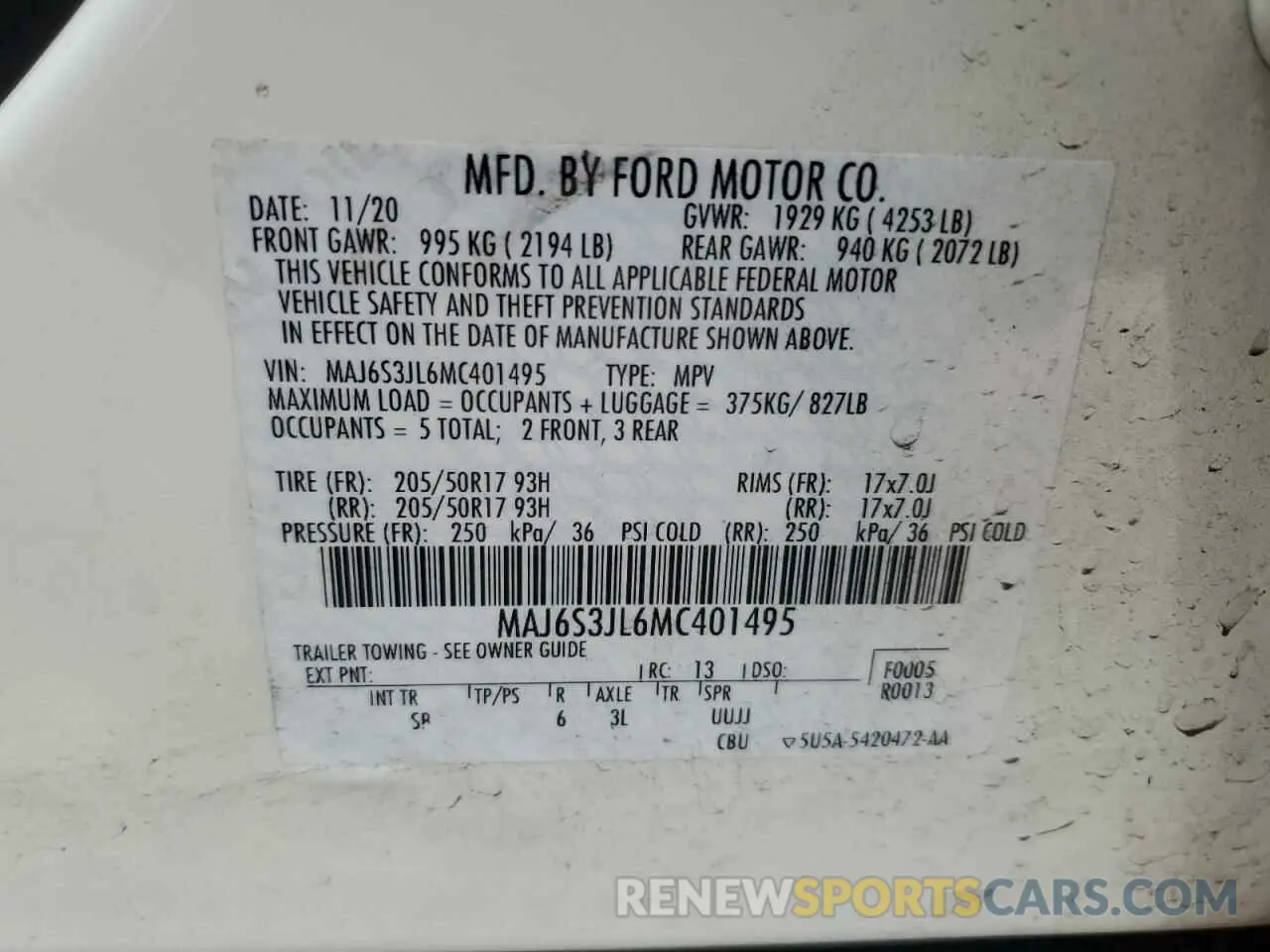 13 fotografías del automóvil dañado MAJ6S3JL6MC401495 FORD ECOSPORT 2021