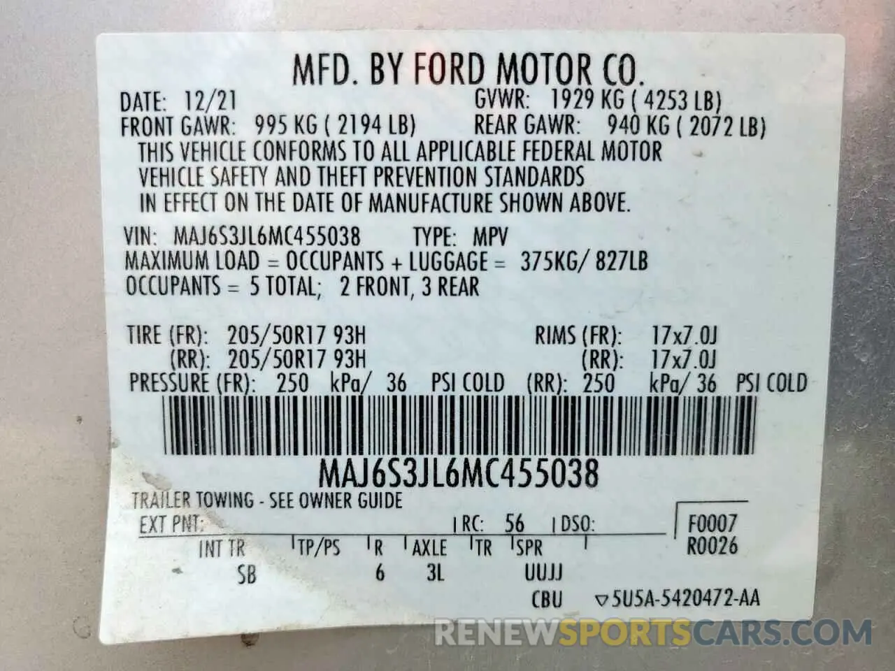 13 fotografías del automóvil dañado MAJ6S3JL6MC455038 FORD ECOSPORT 2021