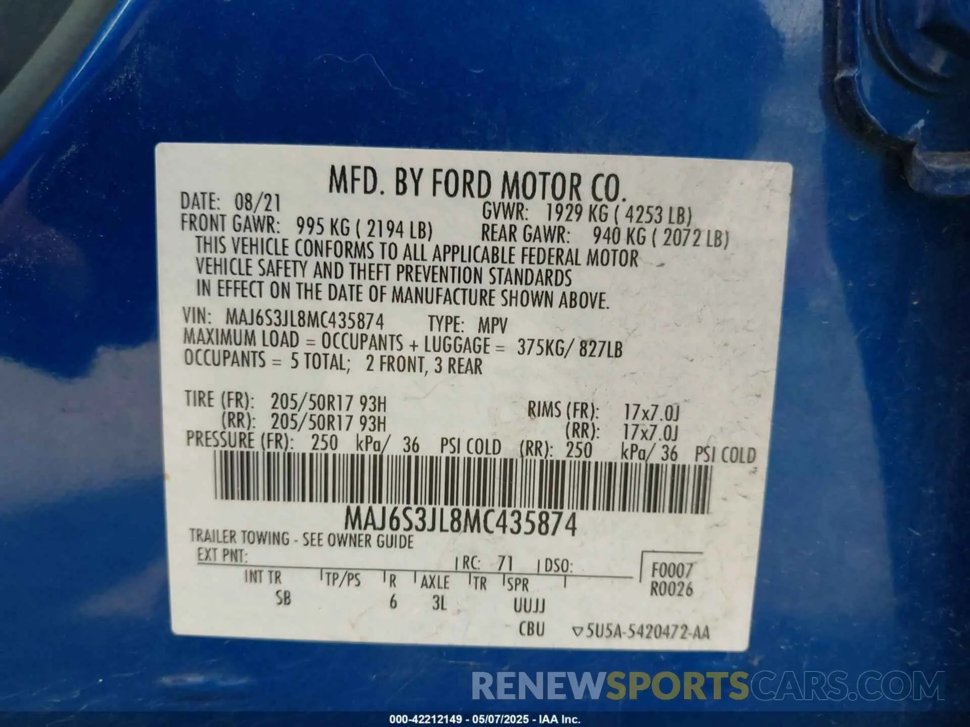 9 fotografías del automóvil dañado MAJ6S3JL8MC435874 FORD ECOSPORT 2021