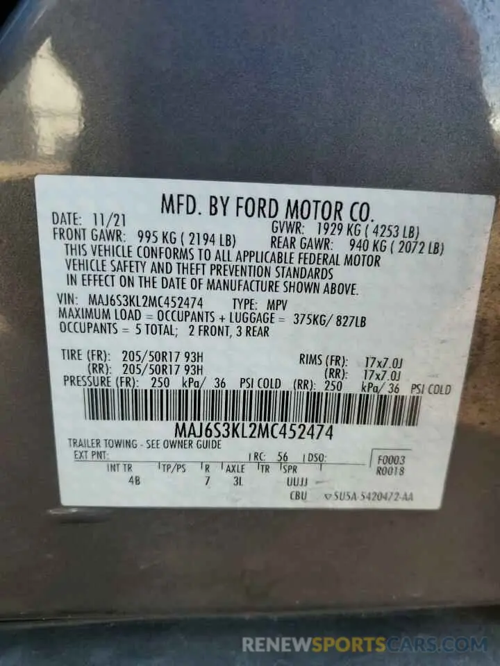 13 fotografías del automóvil dañado MAJ6S3KL2MC452474 FORD ECOSPORT 2021