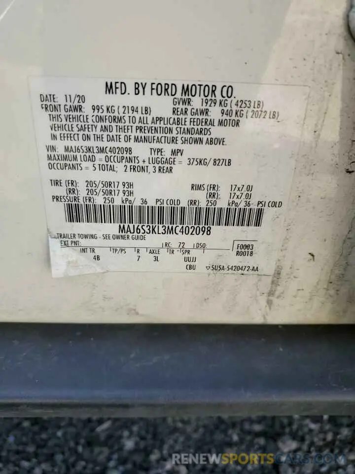 16 fotografías del automóvil dañado MAJ6S3KL3MC402098 FORD ECOSPORT 2021