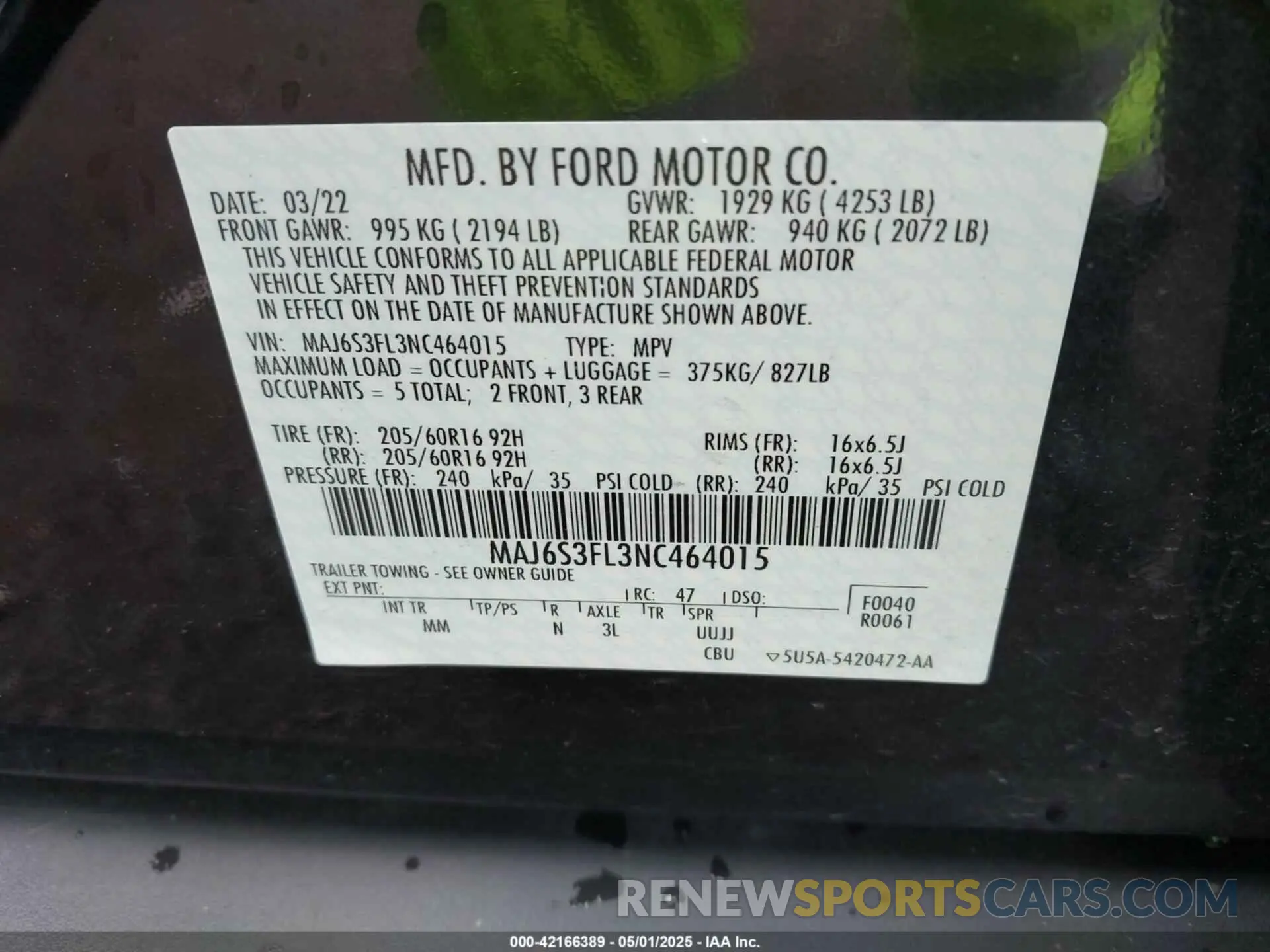 9 fotografías del automóvil dañado MAJ6S3FL3NC464015 FORD ECOSPORT 2022