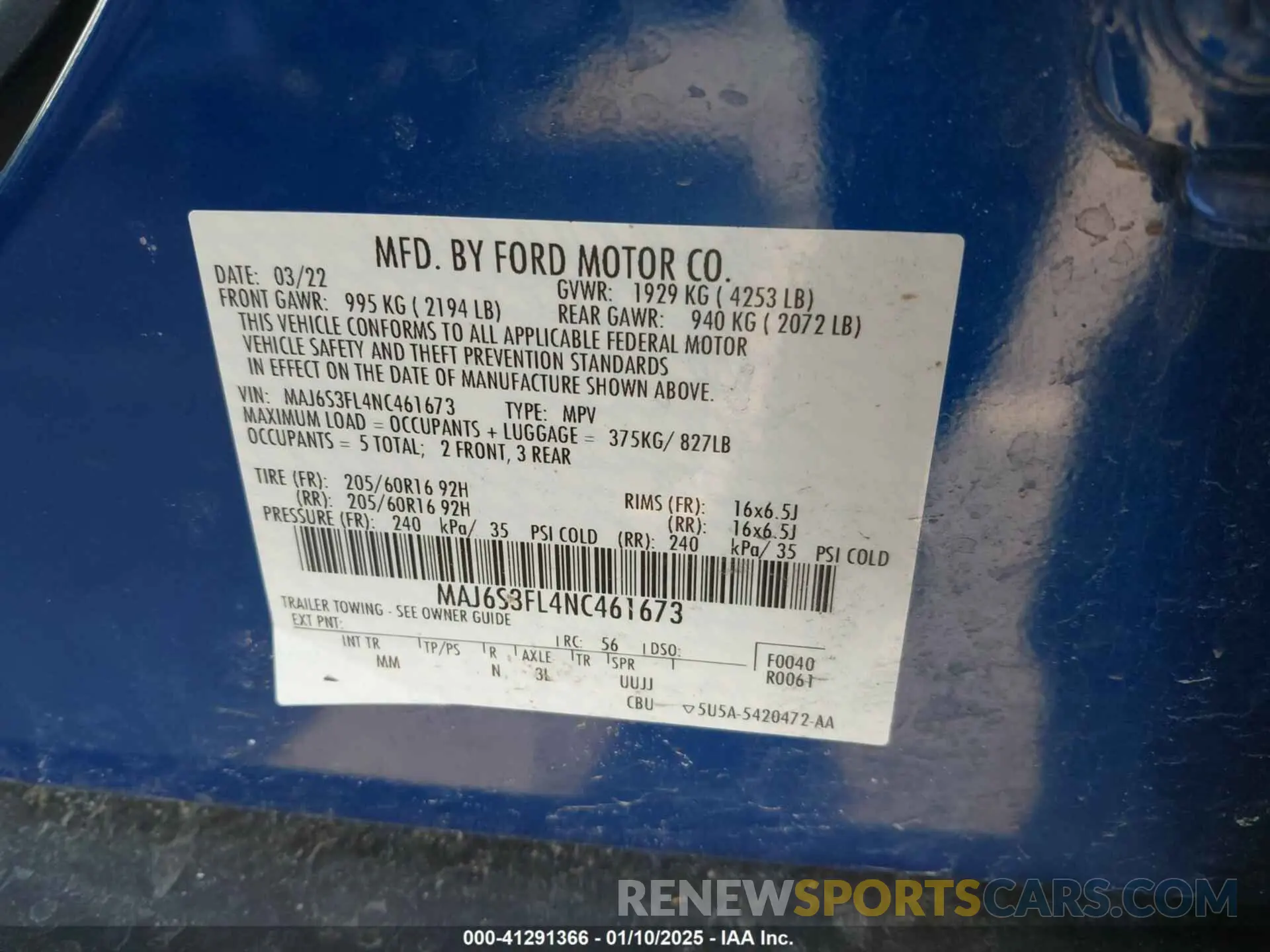 9 fotografías del automóvil dañado MAJ6S3FL4NC461673 FORD ECOSPORT 2022