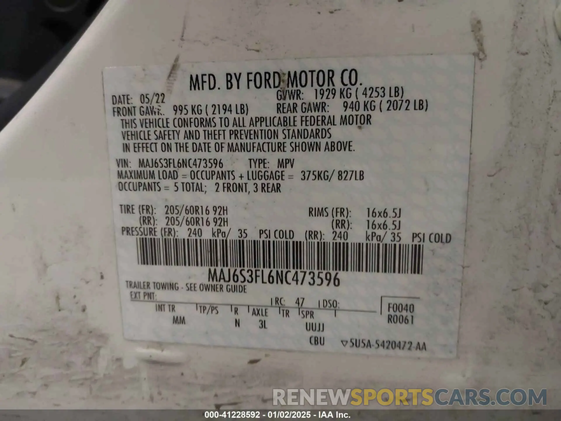 9 fotografías del automóvil dañado MAJ6S3FL6NC473596 FORD ECOSPORT 2022