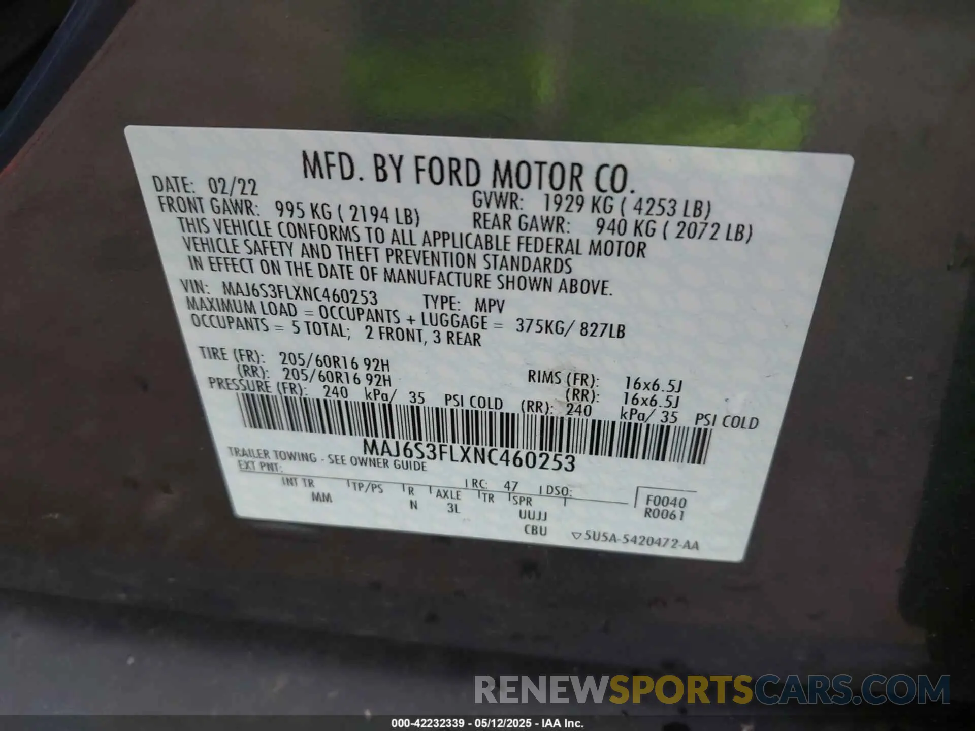 9 fotografías del automóvil dañado MAJ6S3FLXNC460253 FORD ECOSPORT 2022