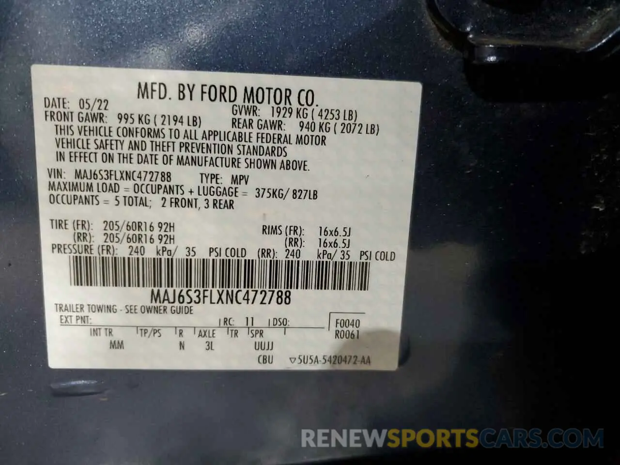 14 fotografías del automóvil dañado MAJ6S3FLXNC472788 FORD ECOSPORT 2022