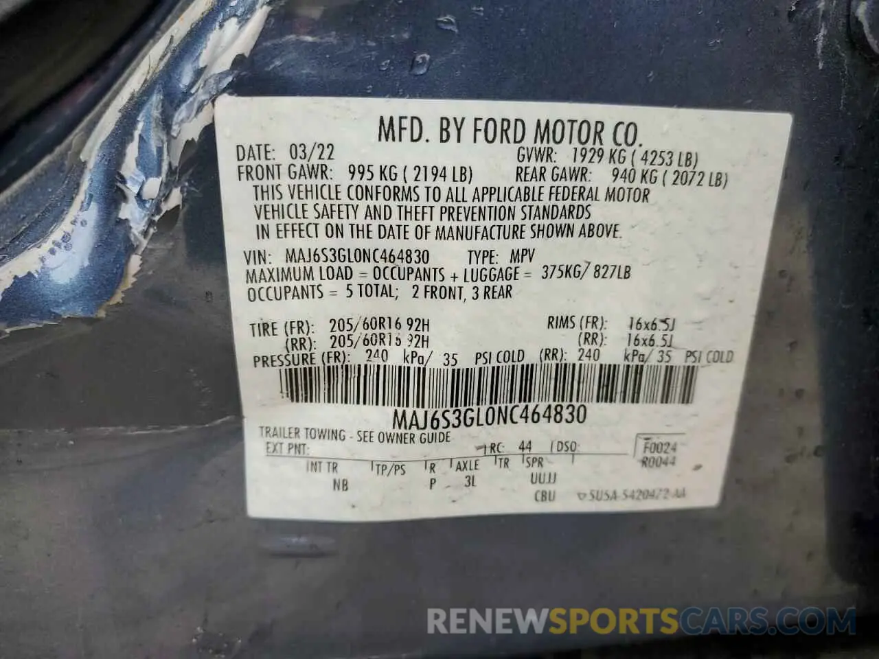 12 fotografías del automóvil dañado MAJ6S3GL0NC464830 FORD ECOSPORT 2022