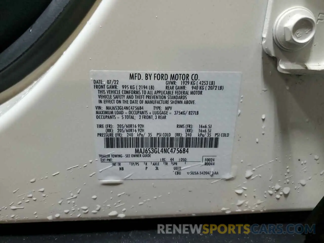 16 fotografías del automóvil dañado MAJ6S3GL4NC475684 FORD ECOSPORT 2022