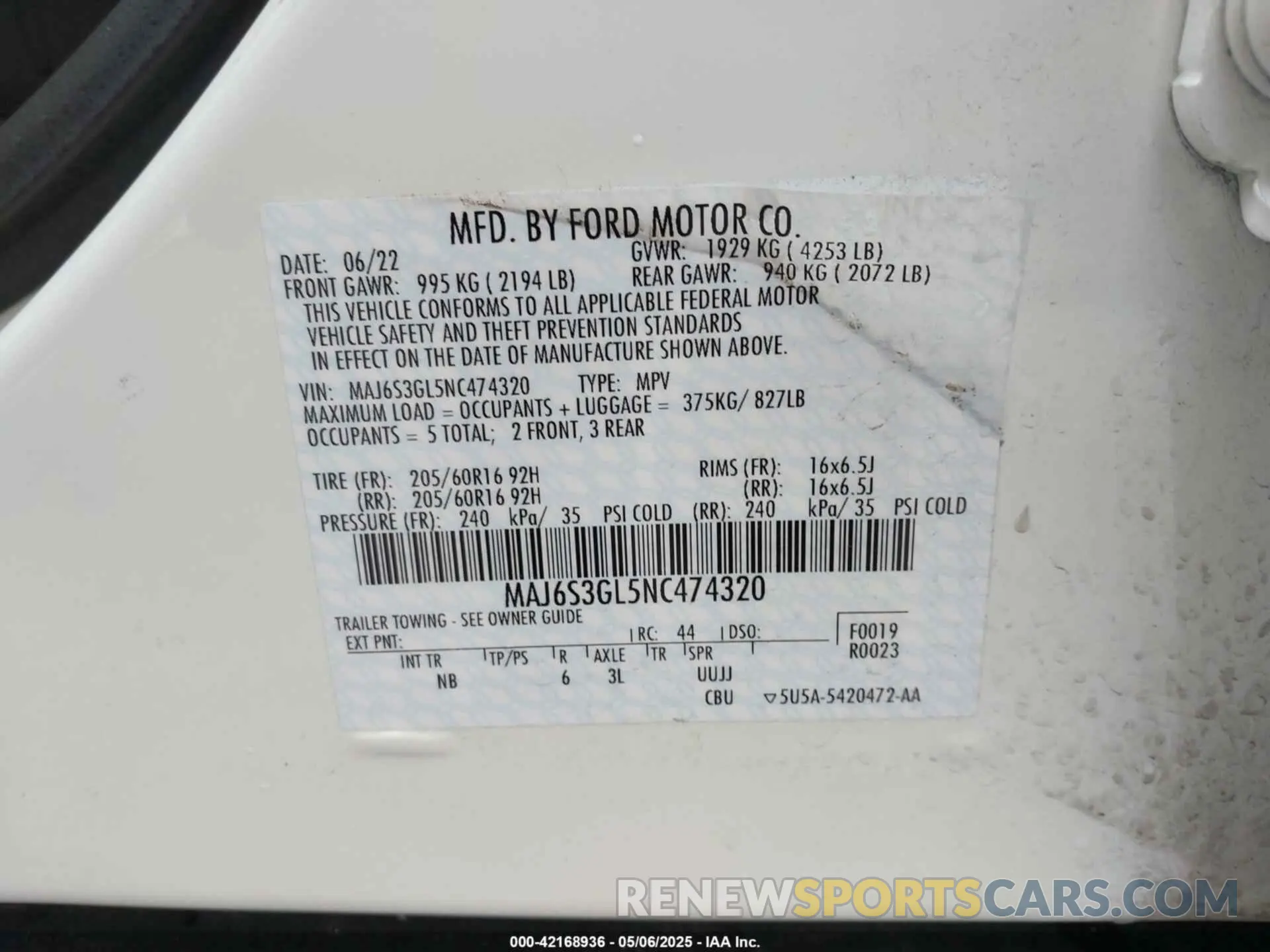9 fotografías del automóvil dañado MAJ6S3GL5NC474320 FORD ECOSPORT 2022