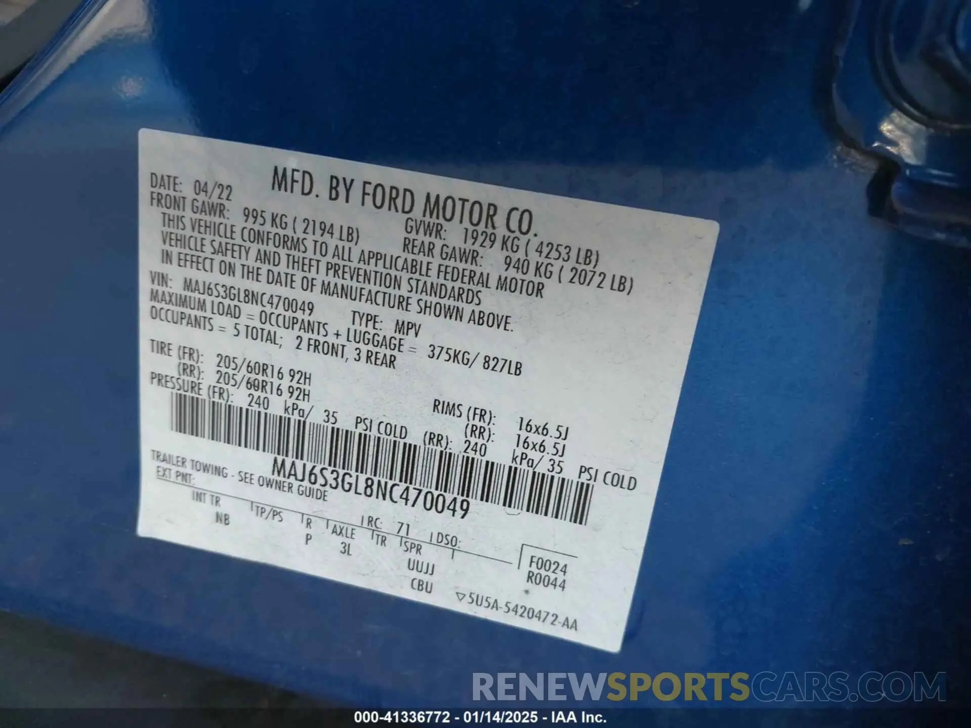 9 fotografías del automóvil dañado MAJ6S3GL8NC470049 FORD ECOSPORT 2022