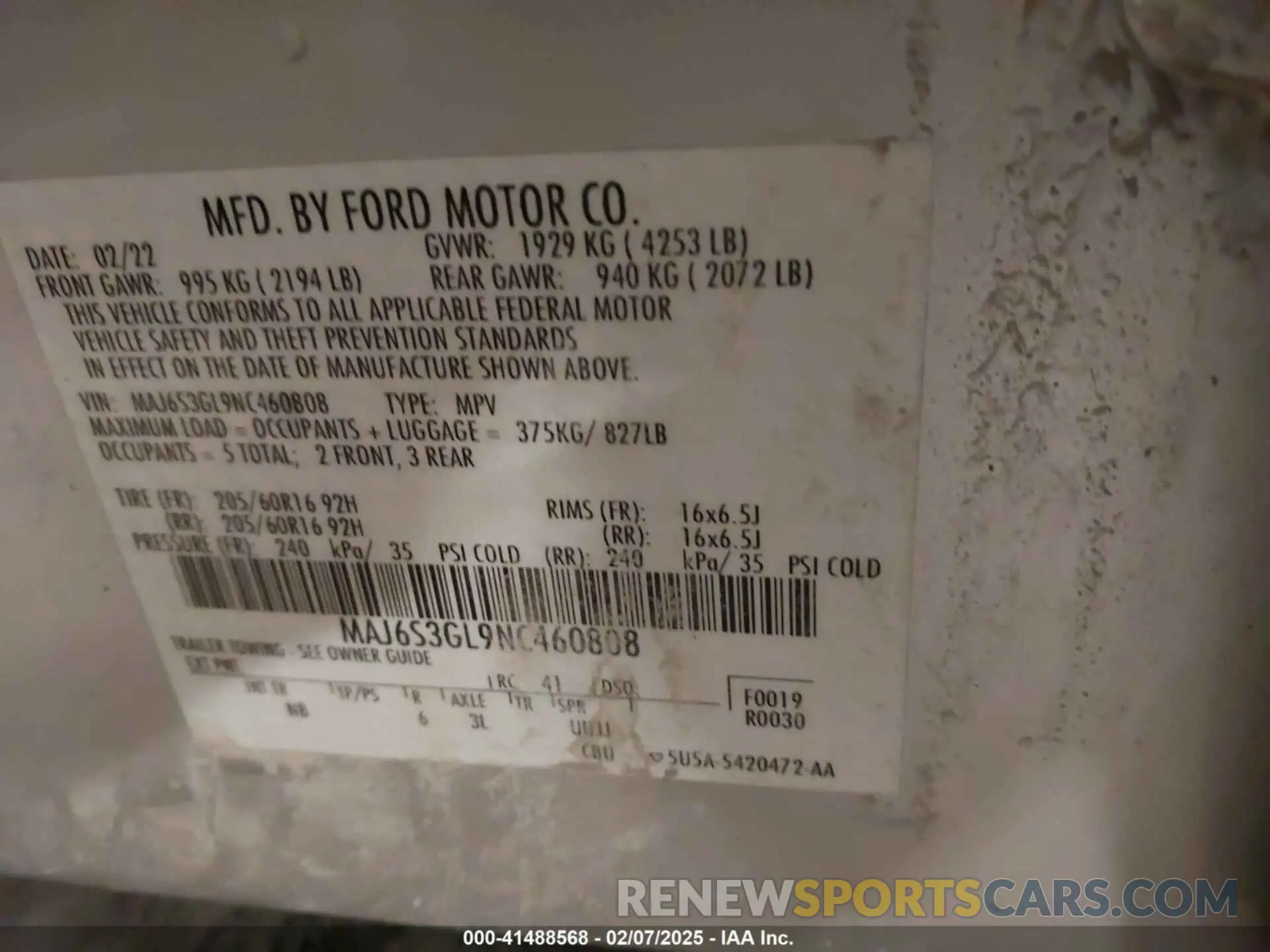 9 fotografías del automóvil dañado MAJ6S3GL9NC460808 FORD ECOSPORT 2022