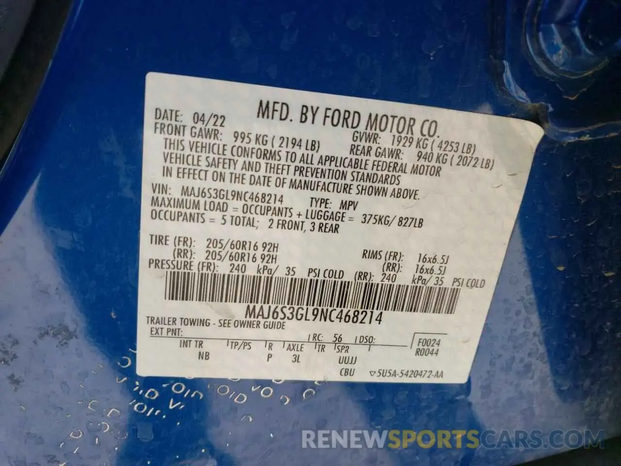 15 fotografías del automóvil dañado MAJ6S3GL9NC468214 FORD ECOSPORT 2022