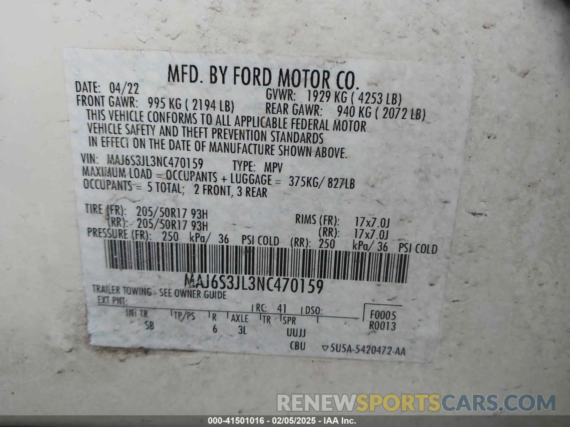 8 fotografías del automóvil dañado MAJ6S3JL3NC470159 FORD ECOSPORT 2022