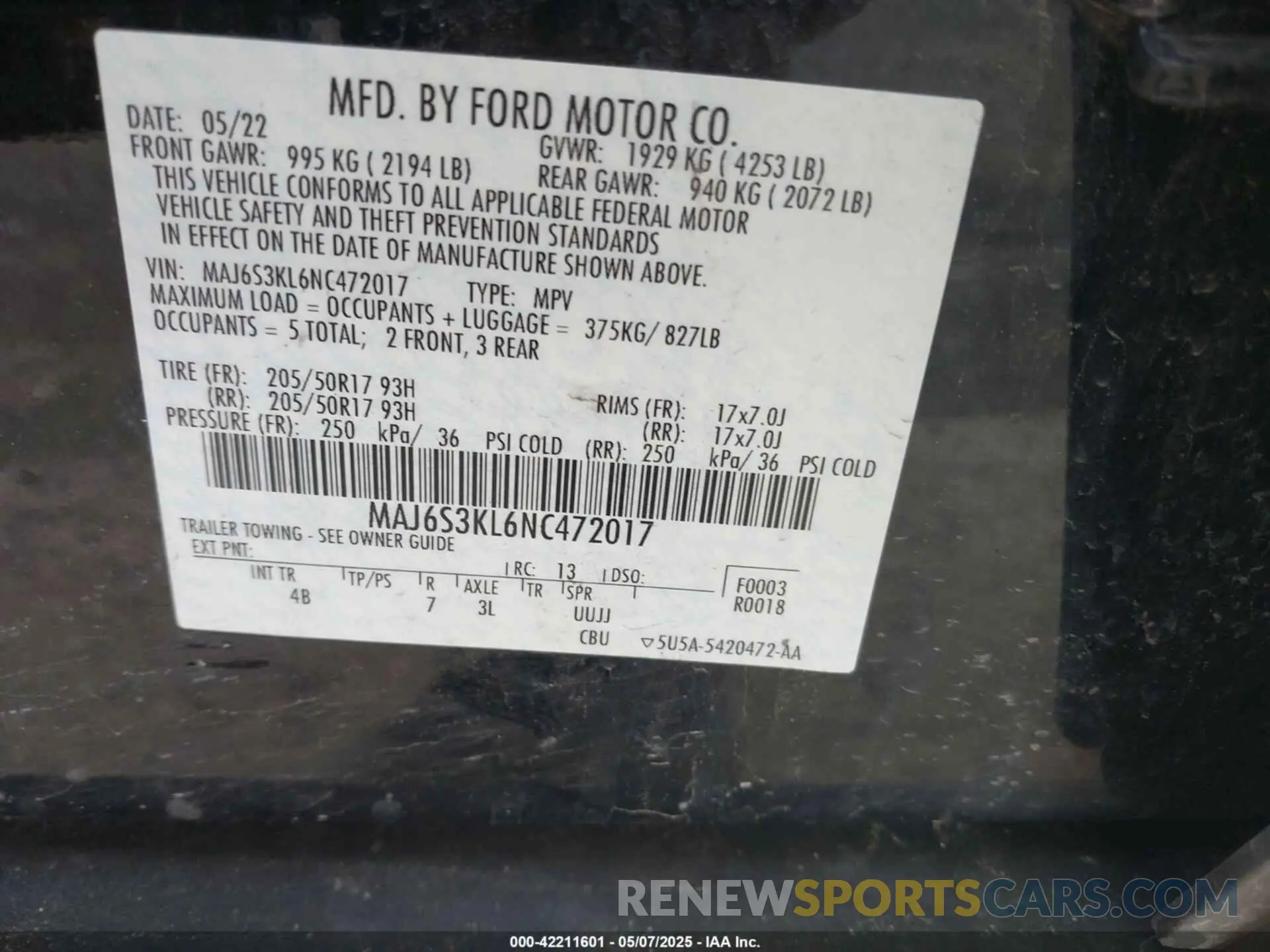 9 fotografías del automóvil dañado MAJ6S3KL6NC472017 FORD ECOSPORT 2022