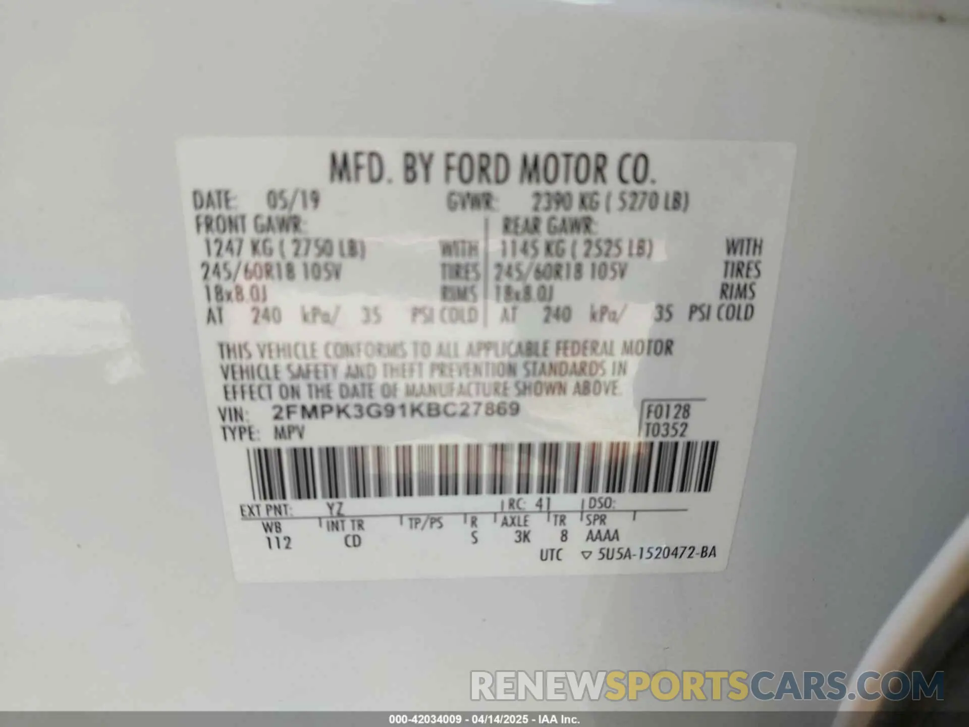 9 fotografías del automóvil dañado 2FMPK3G91KBC27869 FORD EDGE 2019