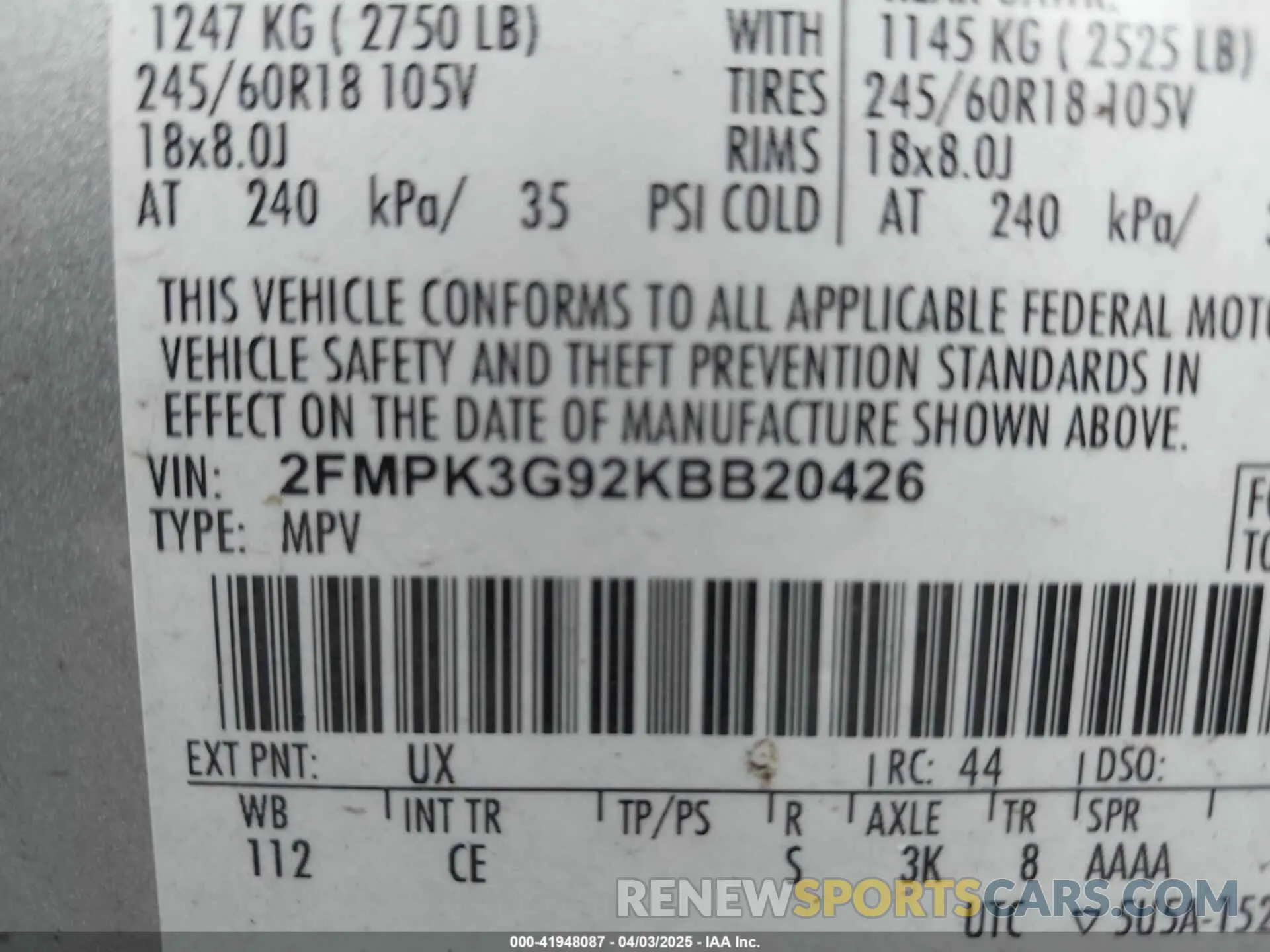 9 fotografías del automóvil dañado 2FMPK3G92KBB20426 FORD EDGE 2019